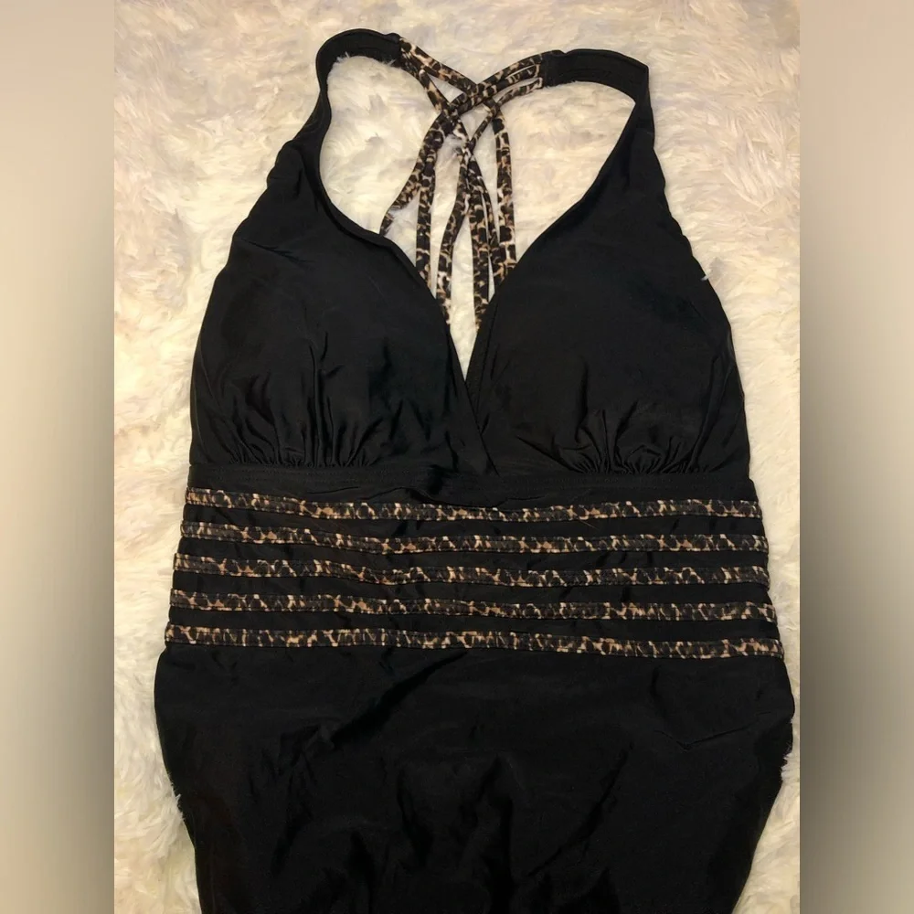 Black One-Piece Swimsuit with Patterned Straps